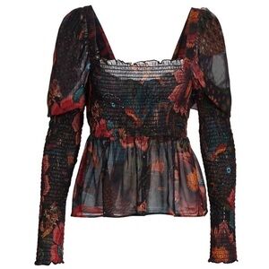FARM RIO Smocked River Creatures Blouse Long Sleeve in Black Multi